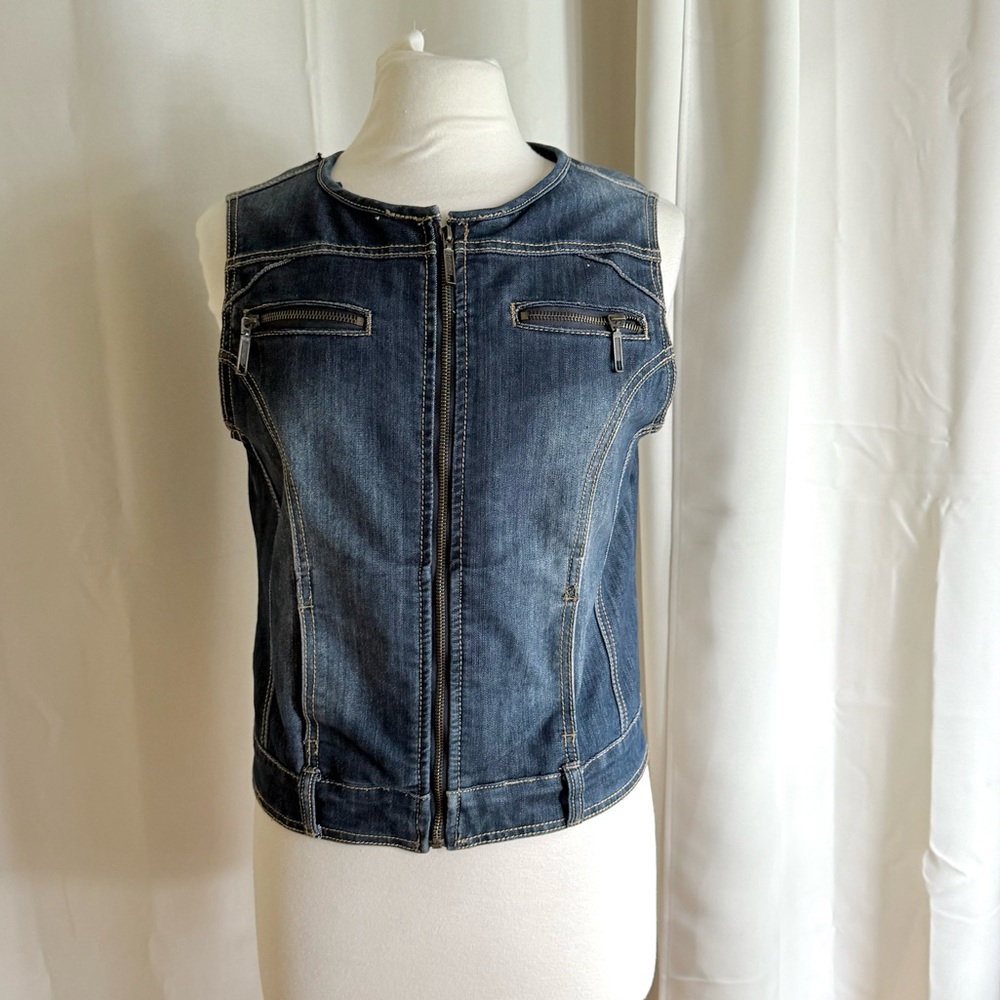 y2k Blue denim zip up vest with zipper pockets